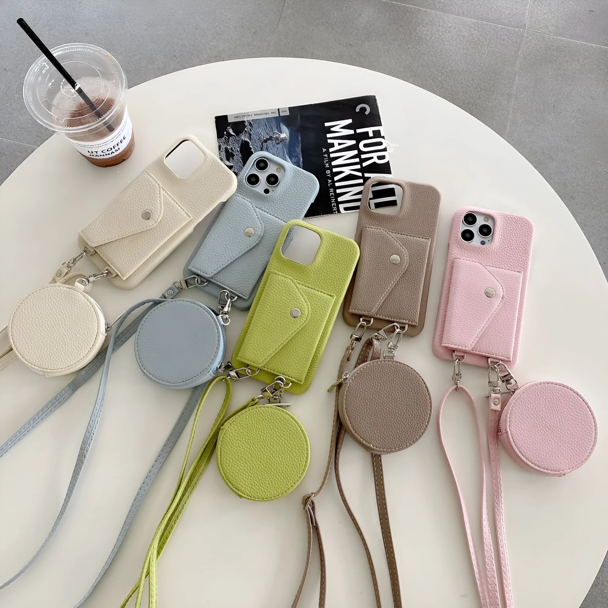 PC leather card holder coin purse crossbody phone case for iPhone, available in black, orange, and white