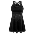 Conservative slimming split swimsuit bikini in black or dark blue, briefs style.