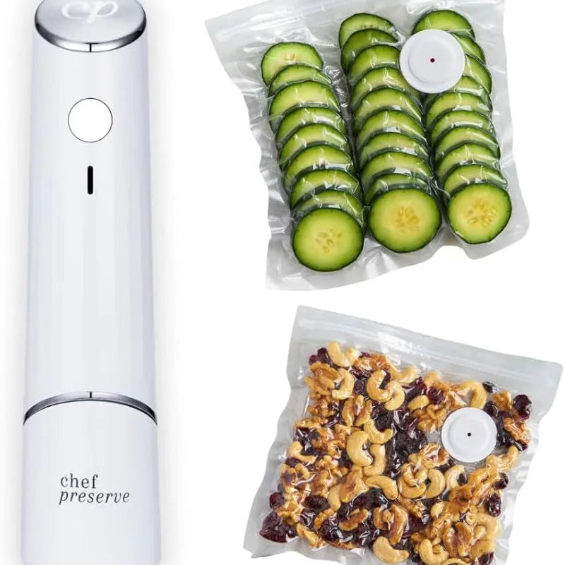 White USB electric suction pump with five plastic vacuum bags for food preservation