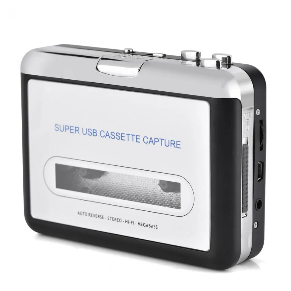 Silver USB cassette to MP3 converter unit with USB cable for converting tapes to digital audio files