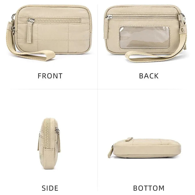 Waterproof quilted handbag with transparent deck section in nylon material