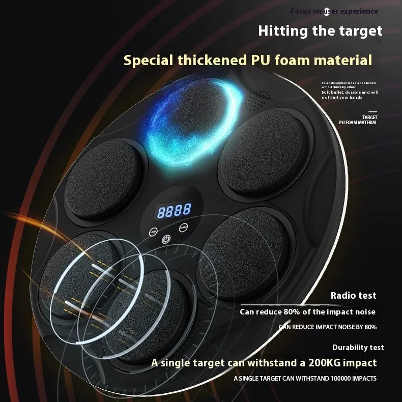 Black smart Bluetooth boxing target with colour-changing LED lights on wall
