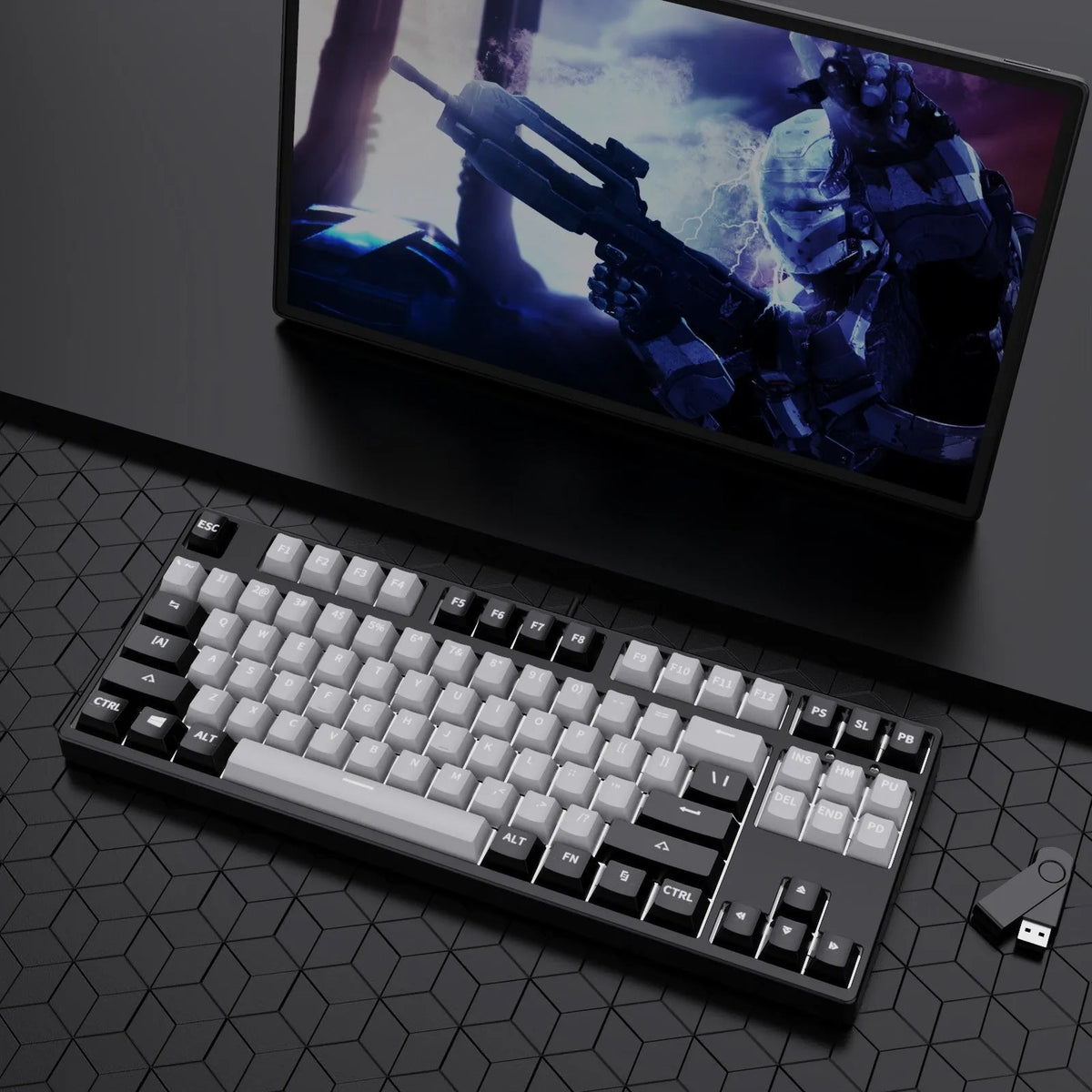 87-key wired mechanical keyboard with hot-swappable switches showing multiple colour combination options