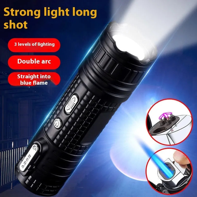 TH727 multi-function metal flashlight lighter in camouflage, red, black, blue, and yellow colours