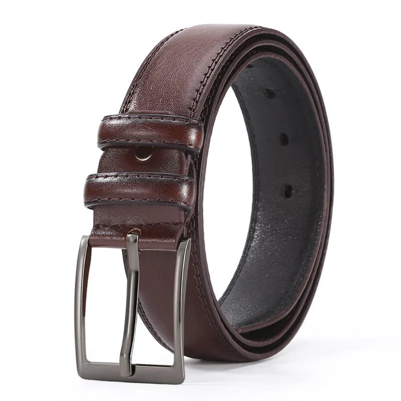 Men's formal business belt with laser logo pattern and alloy pin buckle.