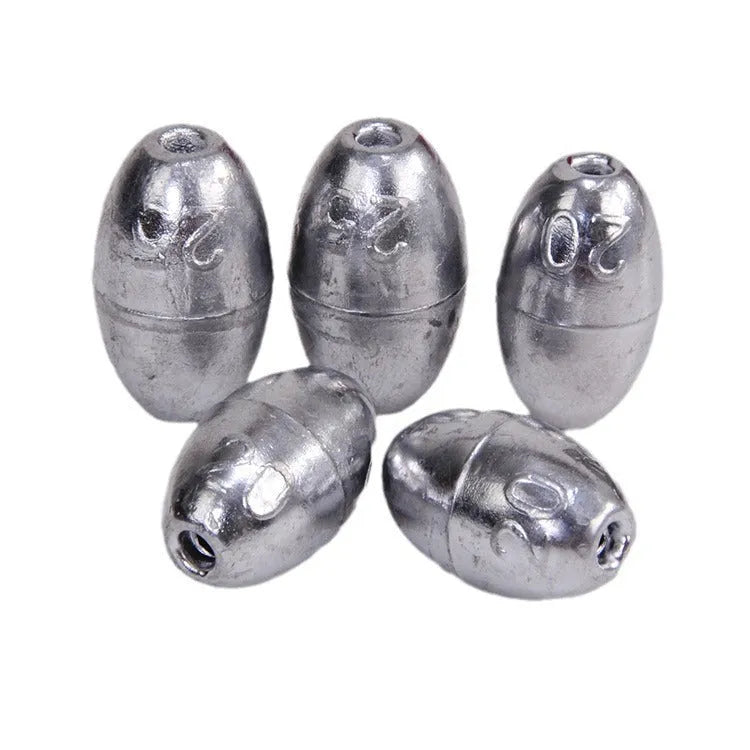 Olive-shaped lead fishing sinkers in sizes 1g to 20g, streamlined design for coarse and carp rigs