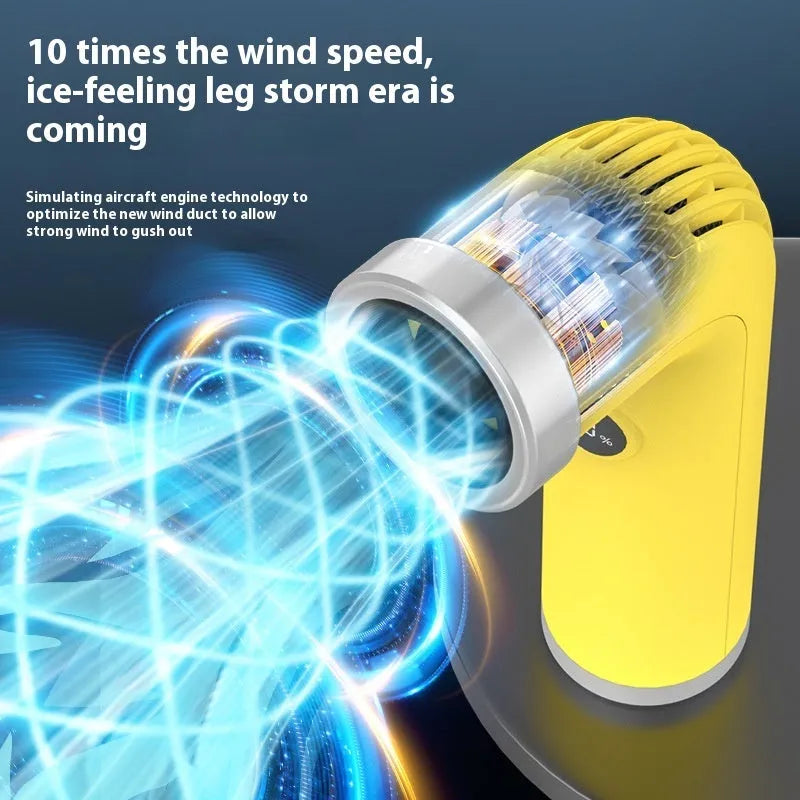 Bladeless portable fan in apricot colour with lithium battery and power cord