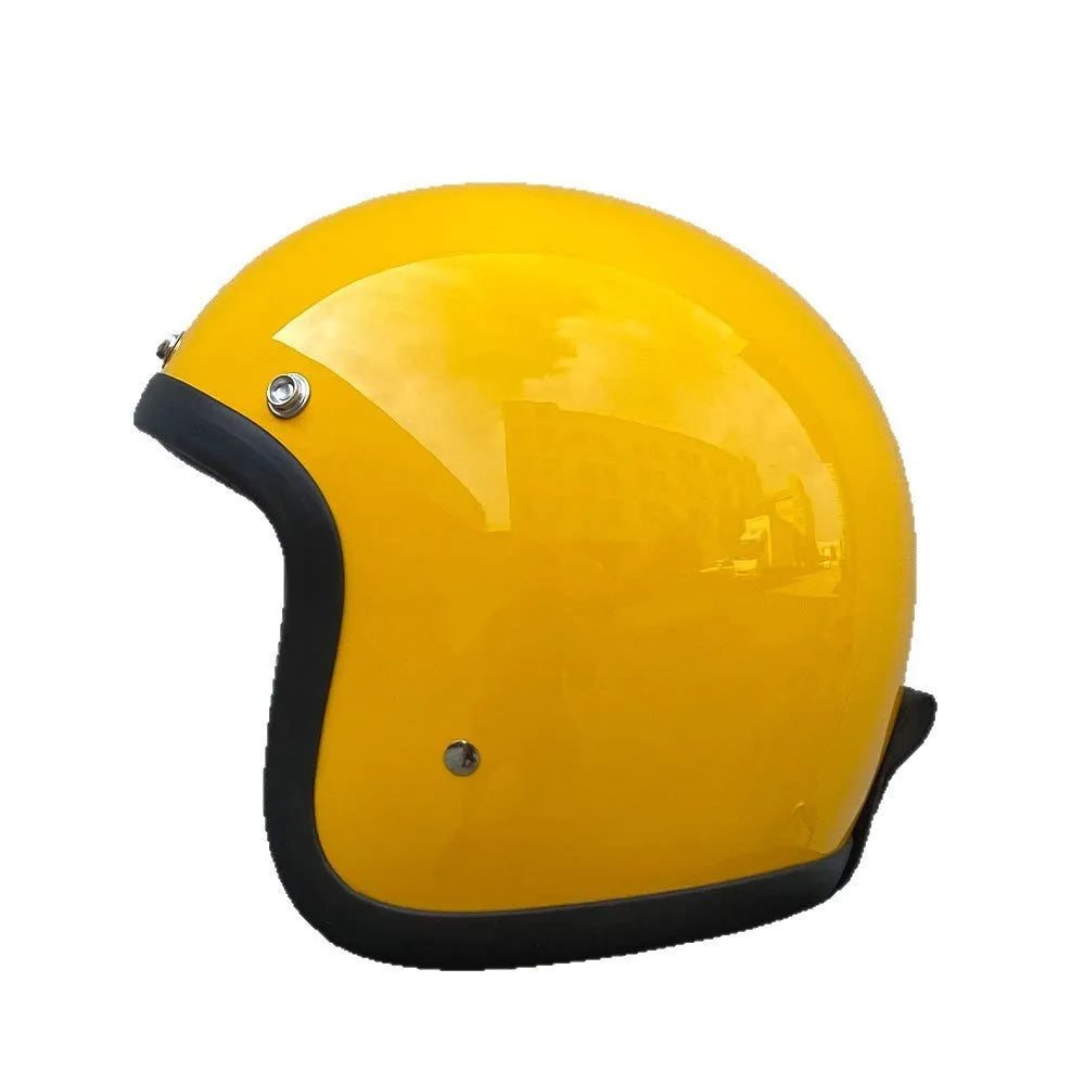 Retro-style glass fibre motorcycle half helmet shown in multiple colour options for adult commuters