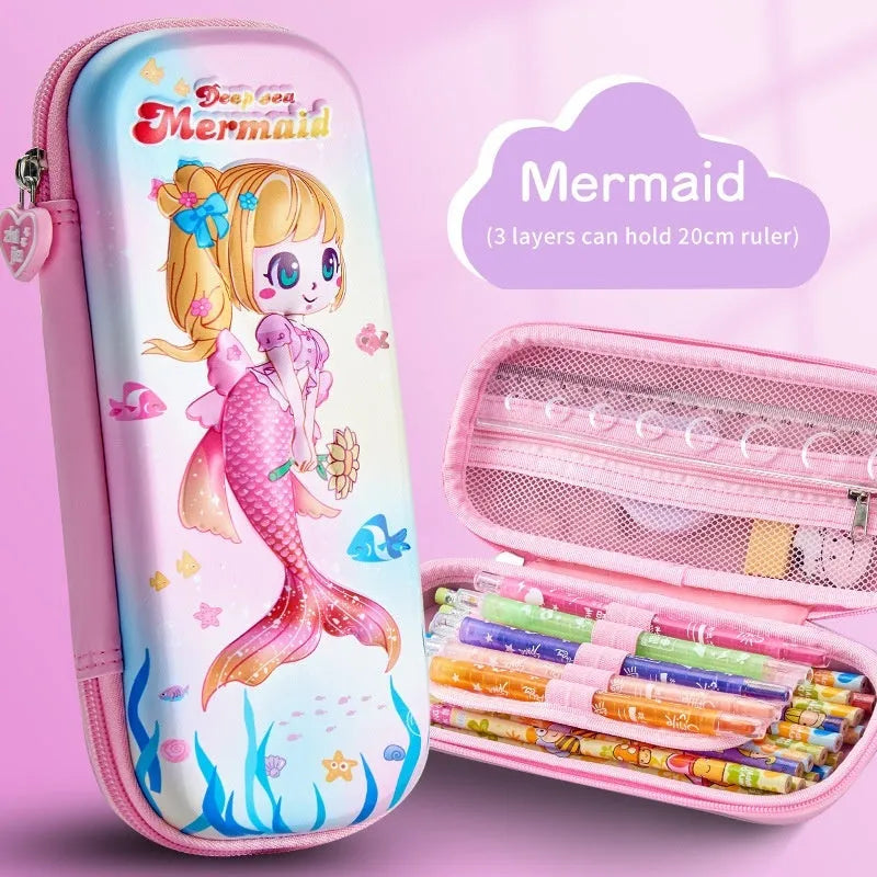 3D leather pencil case showing multiple design options including space, fantasy and animal themes