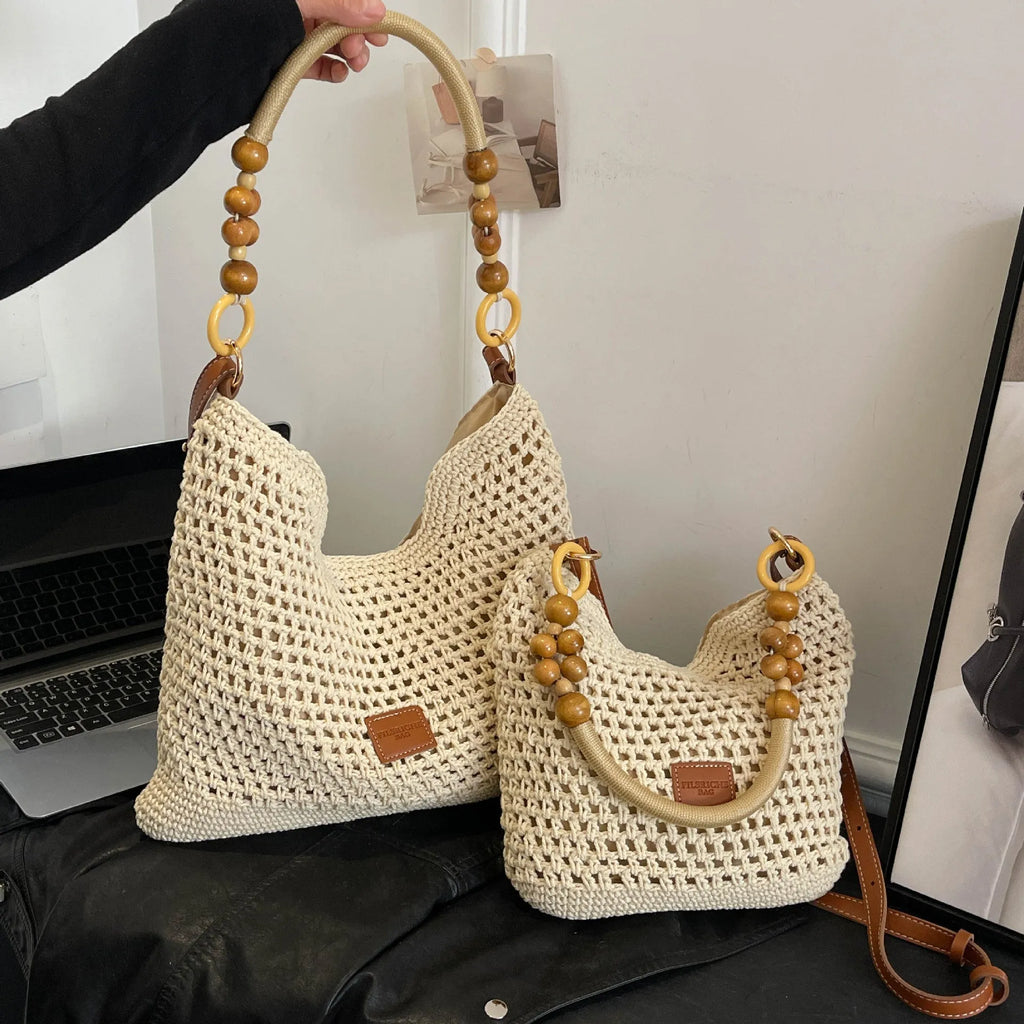 Large knitted beach tote bucket bag in black or brown with zipper compartment and contrasting stitching