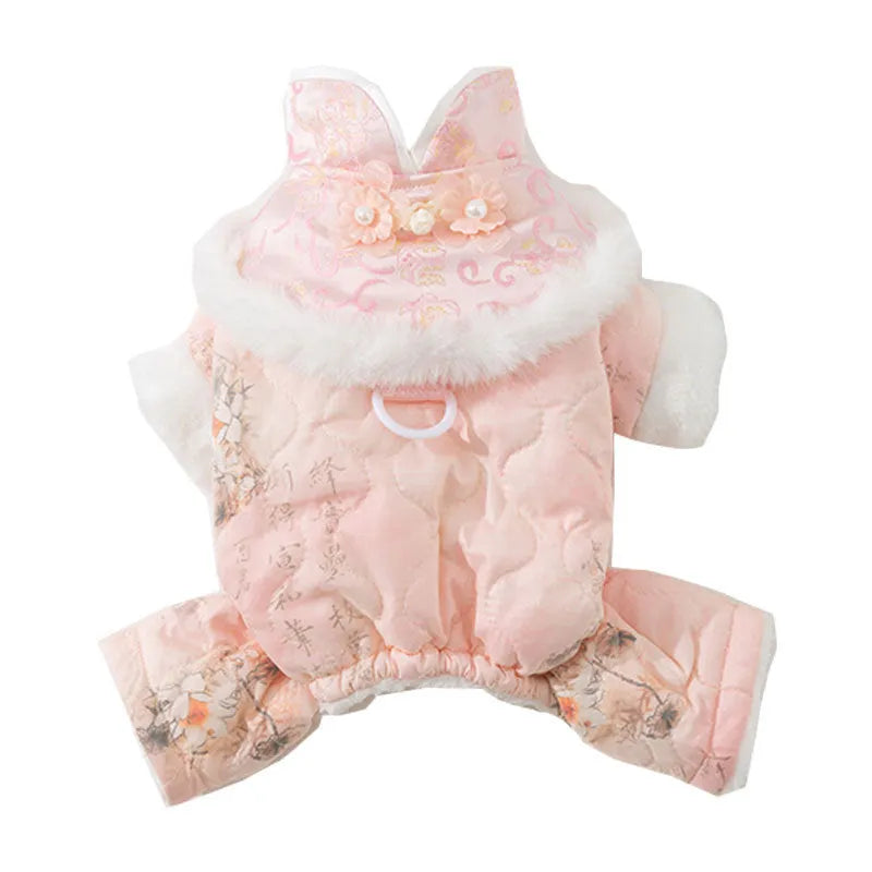 Thick cotton-padded 4-legged dog overalls with Chinese floral pattern faux fur collar and pearl-like buttons in blue
