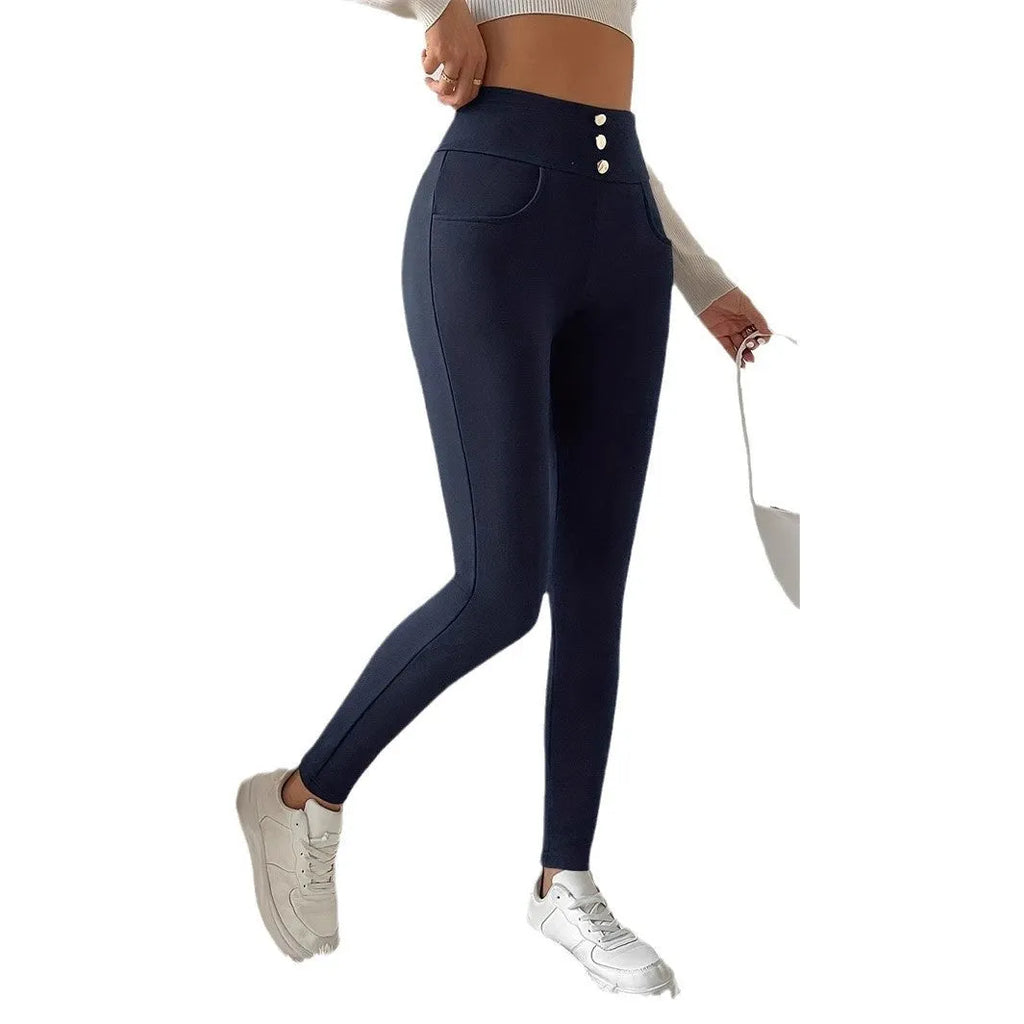 Women's navy blue high-waist casual trousers with straight leg design and micro-elastic fabric
