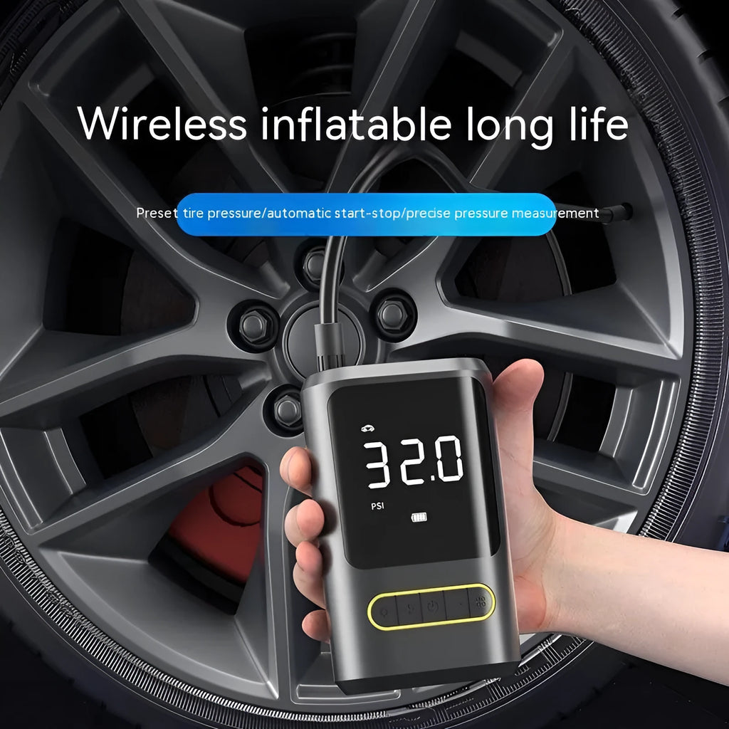 Handheld wireless car air pump with digital display showing pressure reading, includes air hose and multiple nozzle attachments