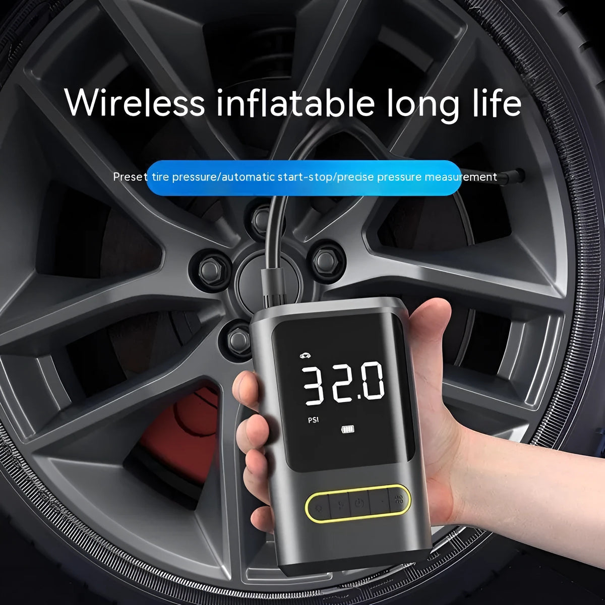 Handheld wireless car air pump with digital display showing pressure reading, includes air hose and multiple nozzle attachments