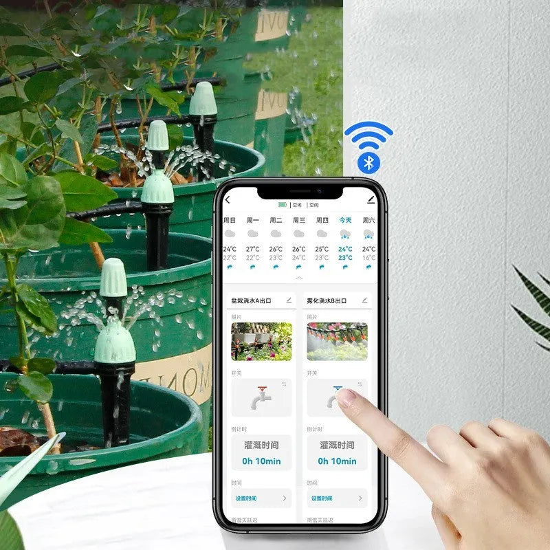 Bluetooth dual watering controller for mobile phone garden irrigation with IPX5 waterproof rating