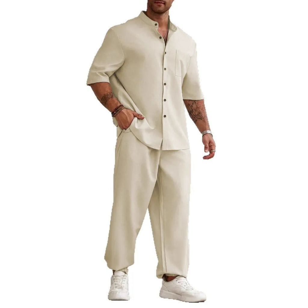 Men's apricot coloured cotton linen casual short-sleeve shirt and long trousers set laid flat