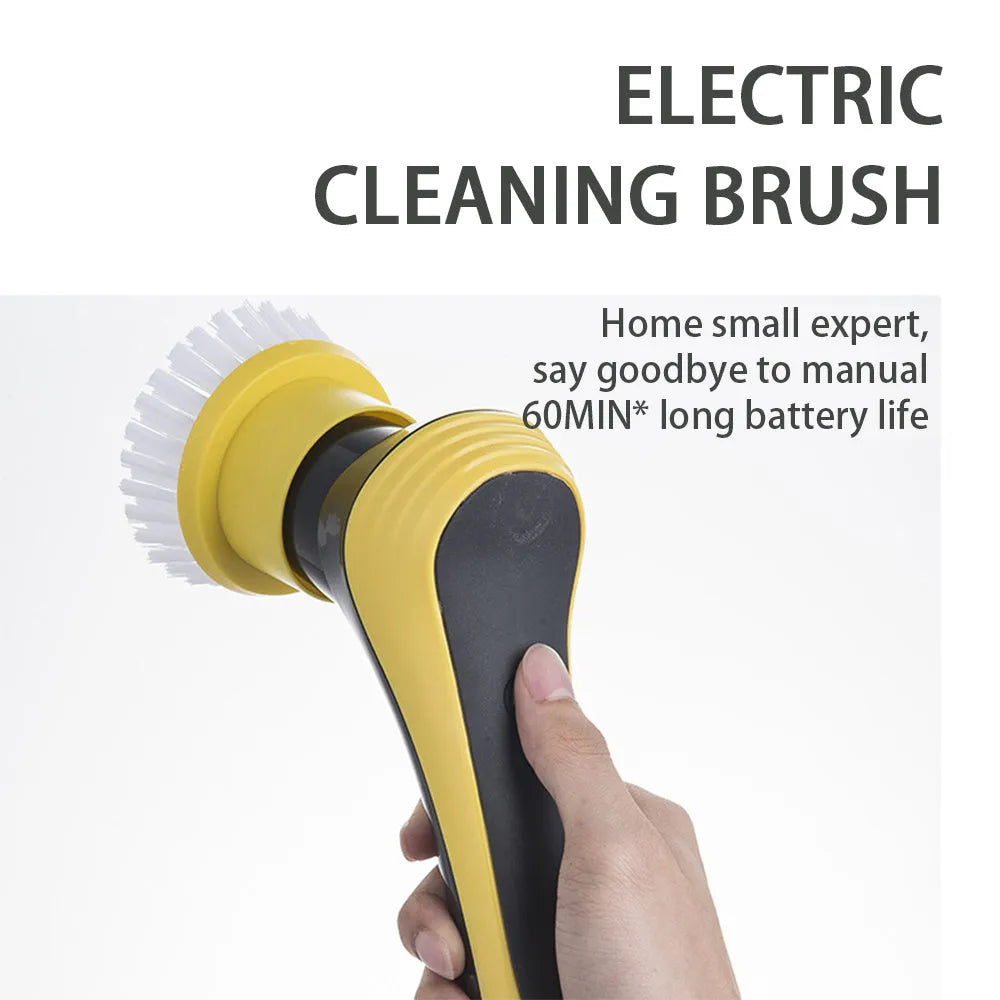 Yellow electric cleaning brush with adjustable handle and USB charging cable on bathroom floor