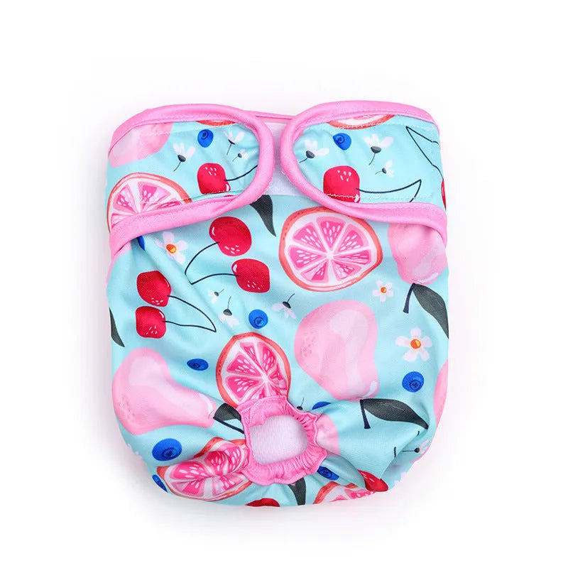 Cloth dog menstrual panties with cartoon print in pink watermelon colour on a light background