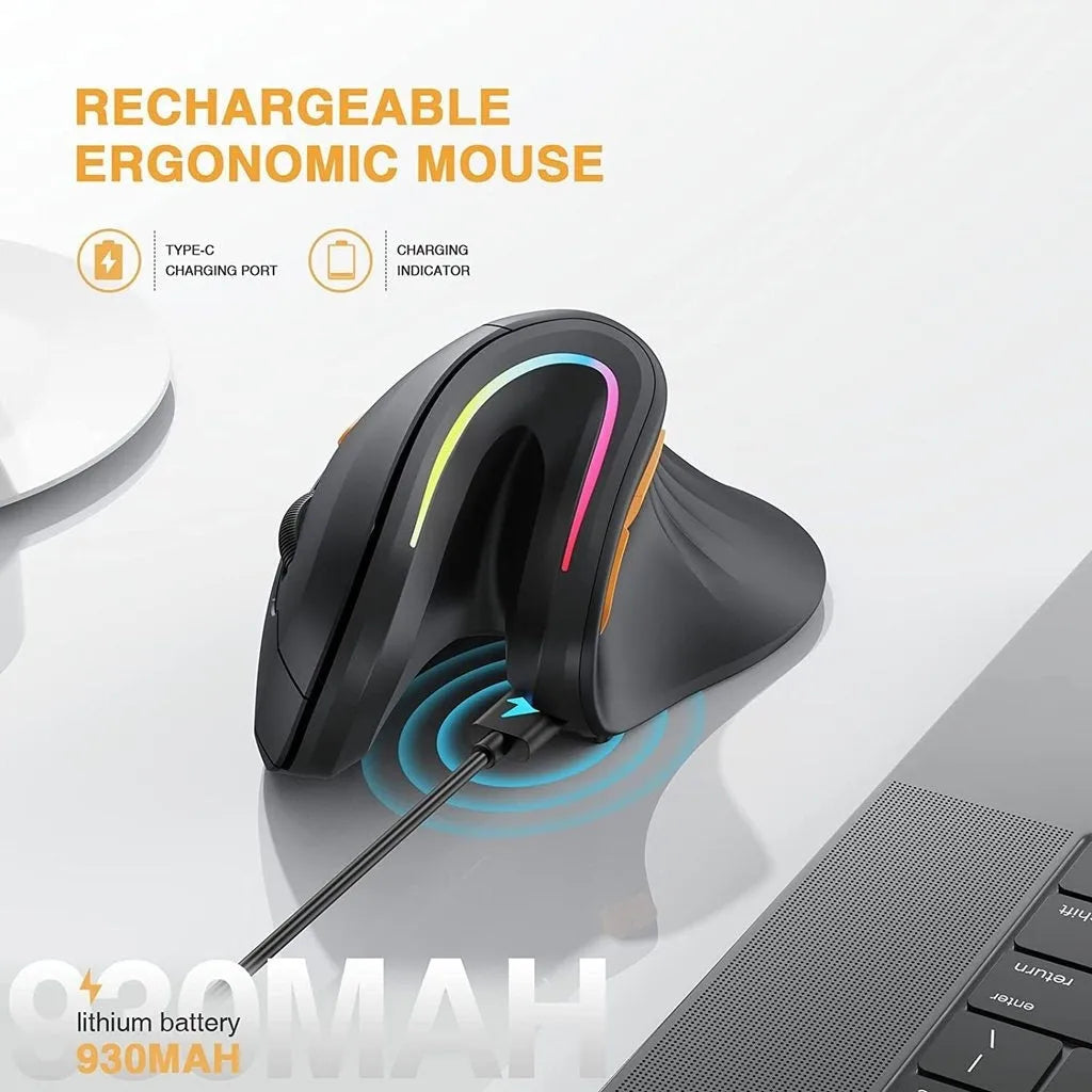 seenDa vertical Bluetooth 2.4G rechargeable wireless mouse in black with RGB lighting and charging cable