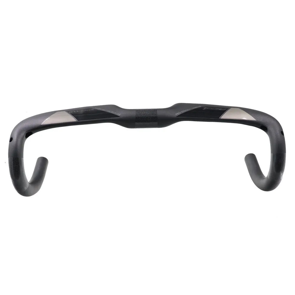 Matt carbon fibre road bicycle handlebar showing bent drop bar design