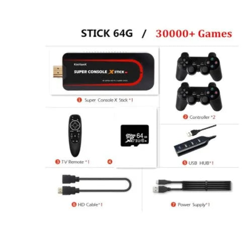 64-bit retro video game console with HDMI port and multiple memory storage options