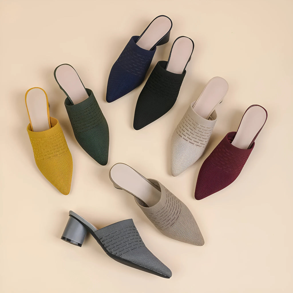 Women's pointed toe cap sandals with chunky 5cm heel in fishing line colours on rubber sole