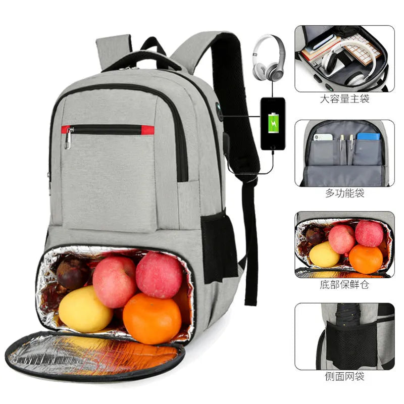 Insulated Oxford cloth backpack in light grey showing curved shoulder straps and dry-wet separation compartment