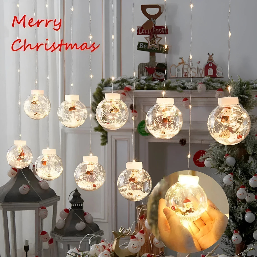LED Christmas curtain lamp with 10 fairy ball lights featuring snowman and Christmas tree designs for window decoration