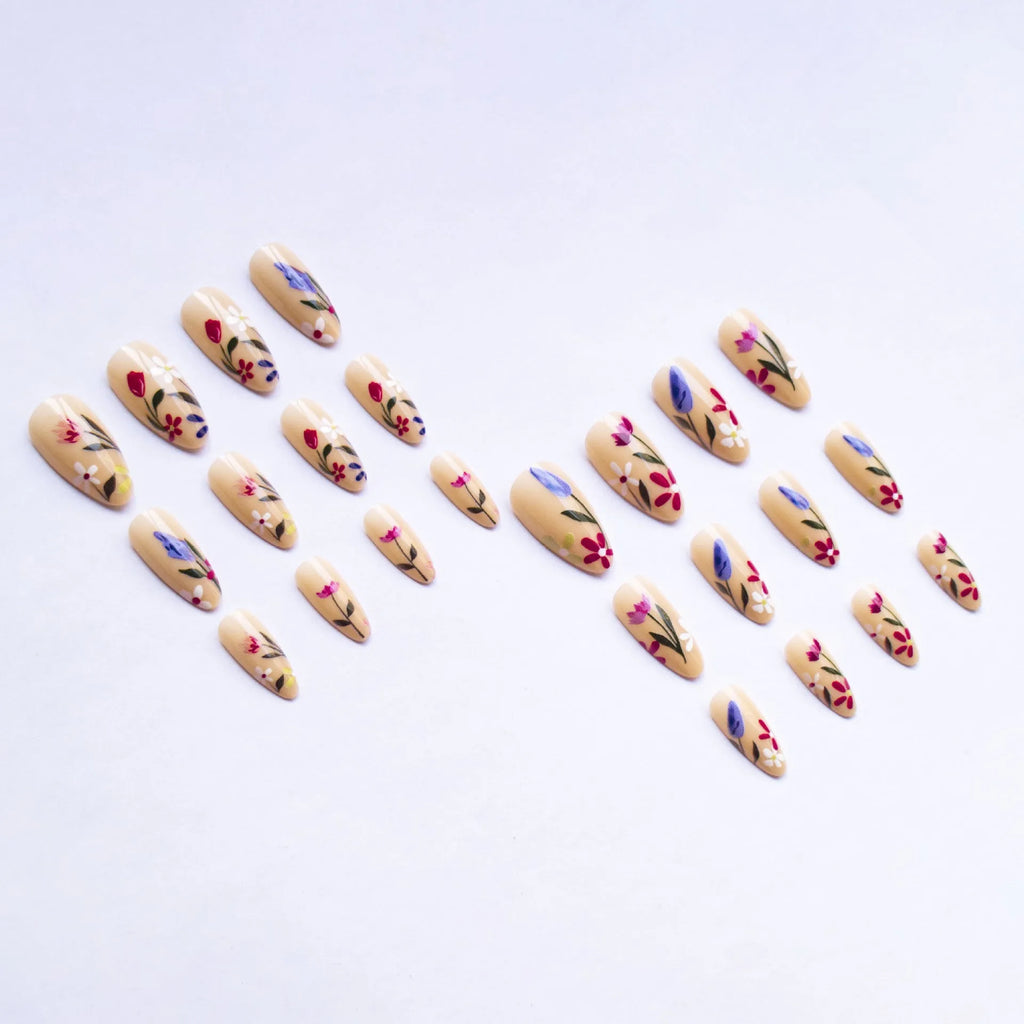 Almond-shaped removable nail wraps with European floral armour rose and tulip patterns