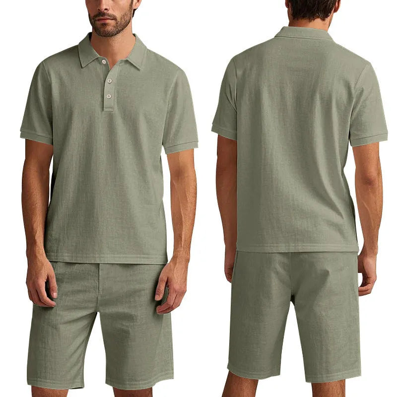 Men's light blue linen blend summer shirt and shorts set on hanger