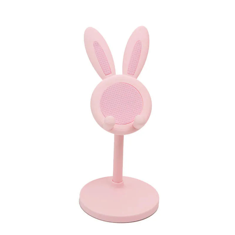 Cartoon bunny desktop phone tablet adjustable bracket in plastic, white colour, tilted view