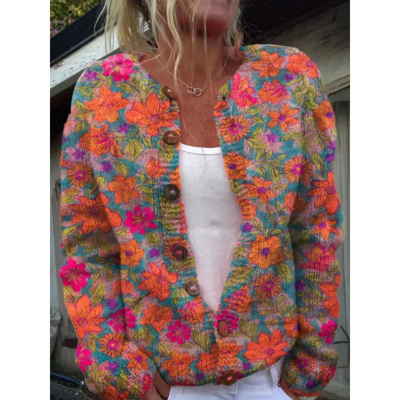 Yellow digital print cardigan coat with 3D pattern effect, shown as an open layer.