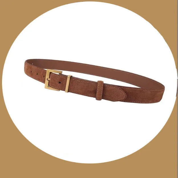 Ladies brown leather belt with quadrilateral alloy pin buckle showing 100cm length