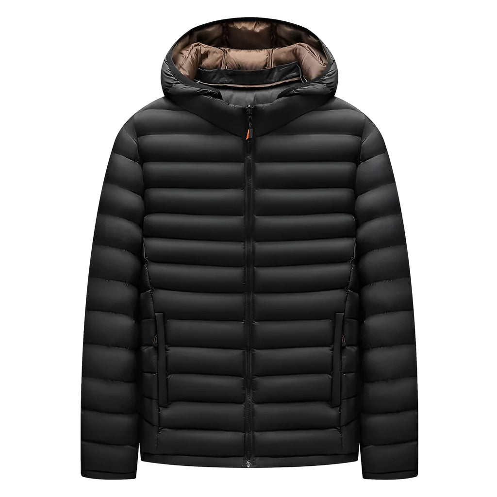 Men's lightweight padded jacket with hood and detachable collar in army green, showing zip front and pockets.