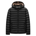 Men's lightweight padded jacket with hood and detachable collar in army green, showing zip front and pockets.