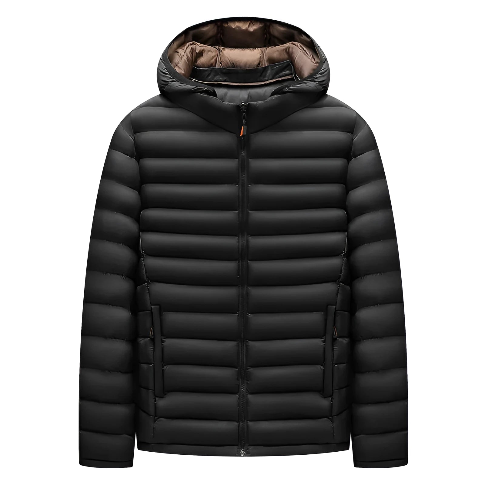 Men's lightweight padded jacket with hood and detachable collar in army green, showing zip front and pockets.