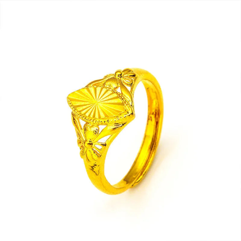 Alluvial gold open flower ring for girls featuring geometric texture and adjustable brass band