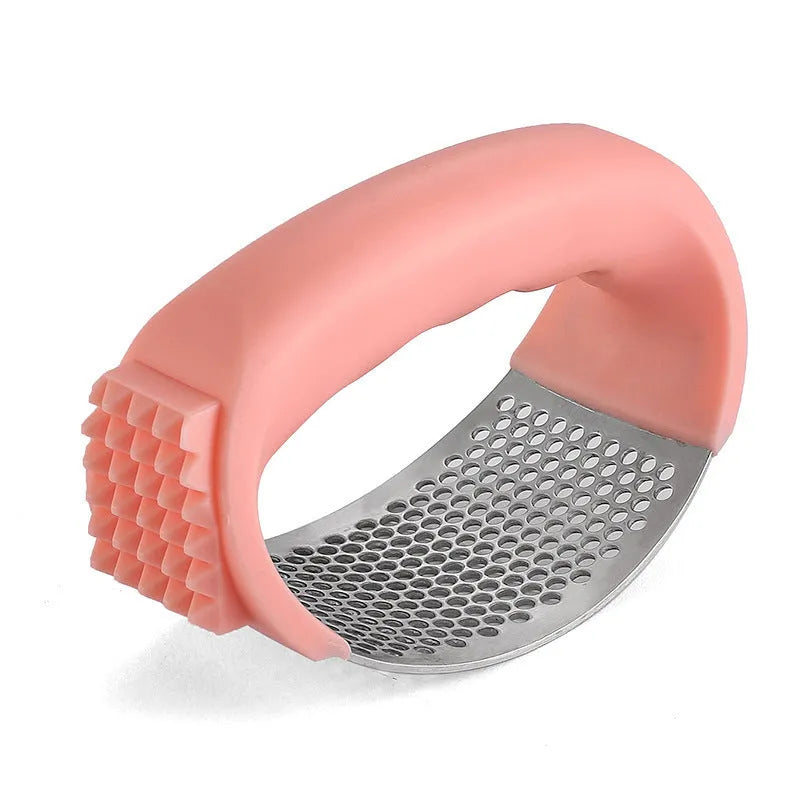 304 stainless steel garlic press in four colour options showing modern design and compact 11 by 7cm dimensions