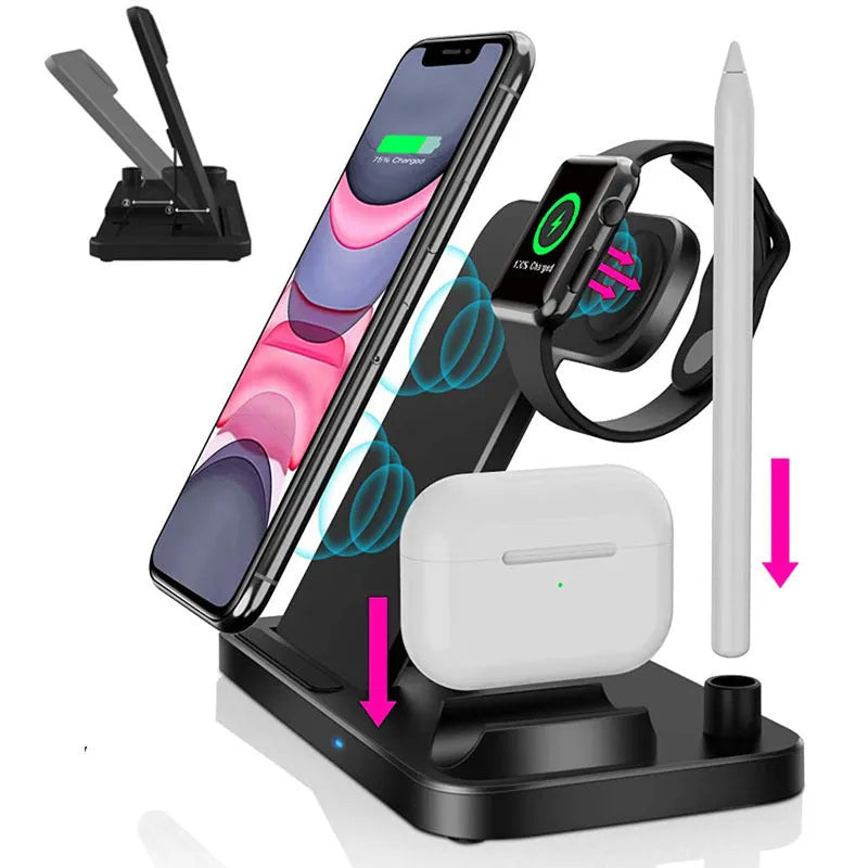 A folding 4-in-1 wireless charger in Space Gray, shown charging an iPhone in vertical stand mode and an Apple Pencil.
