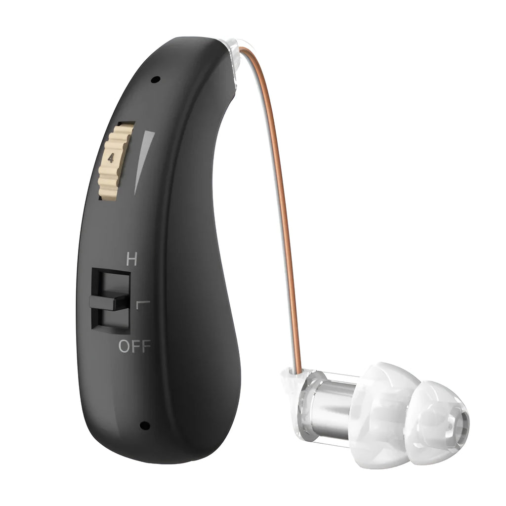 Black USB rechargeable behind-the-ear hearing aid with microphone, amplifier, speaker and volume control for elderly users
