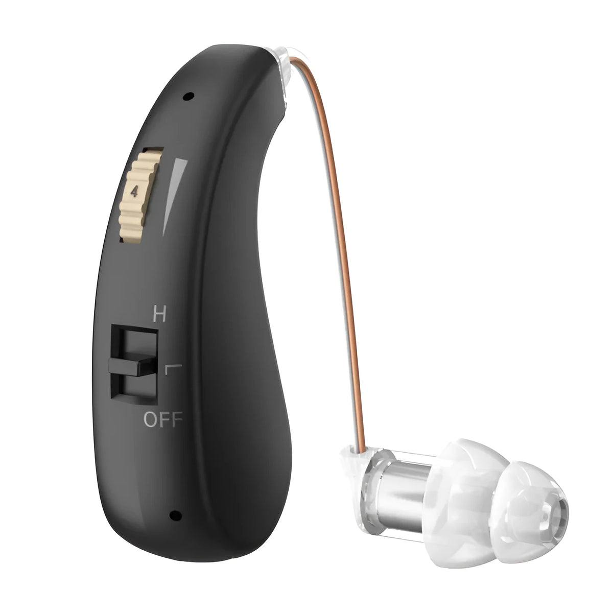 Black USB rechargeable behind-the-ear hearing aid with microphone, amplifier, speaker and volume control for elderly users