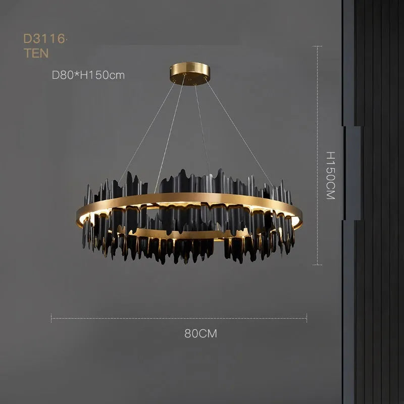 LED pendant lamp with organic glass body and iron construction, black or gold, 60cm or 80cm diameter