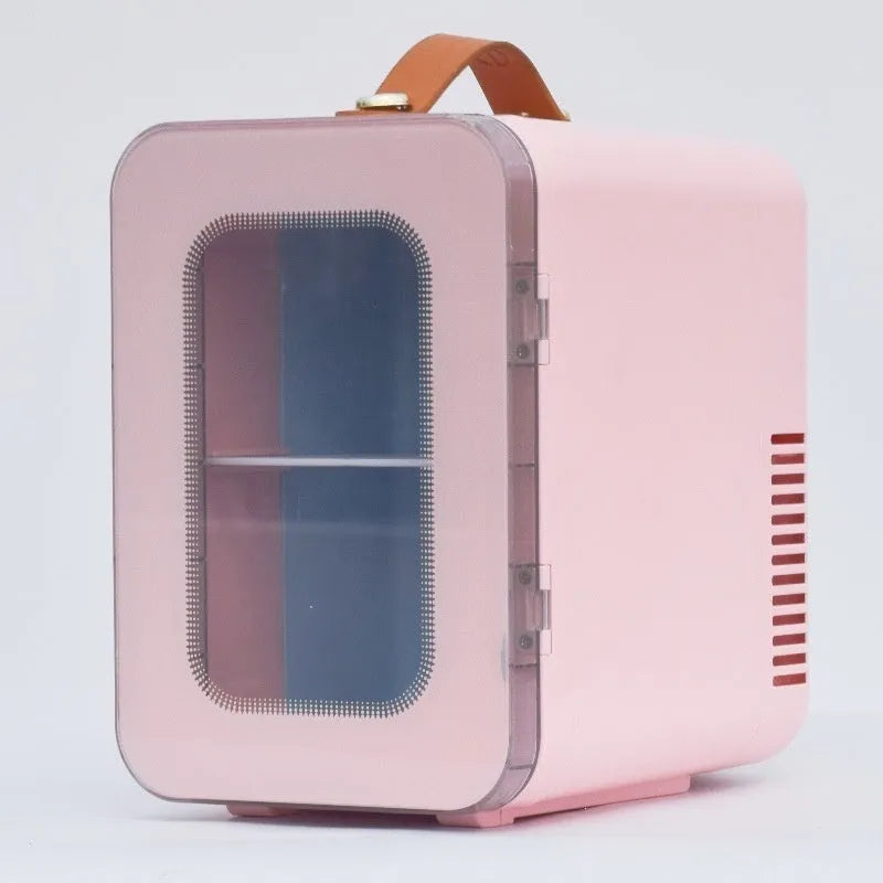 Pink dual-use mini refrigerator with transparent door showing 6L capacity for car and home cooling and heating