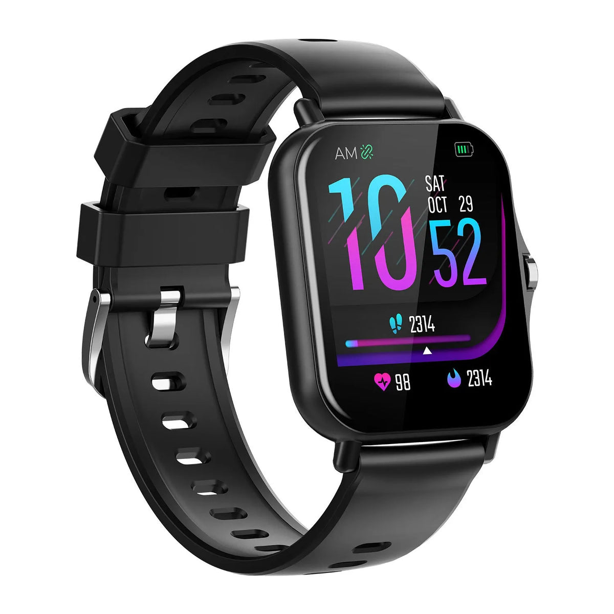 W10 Bluetooth smart watch showing heart rate monitoring on its 1.75-inch curved touch screen