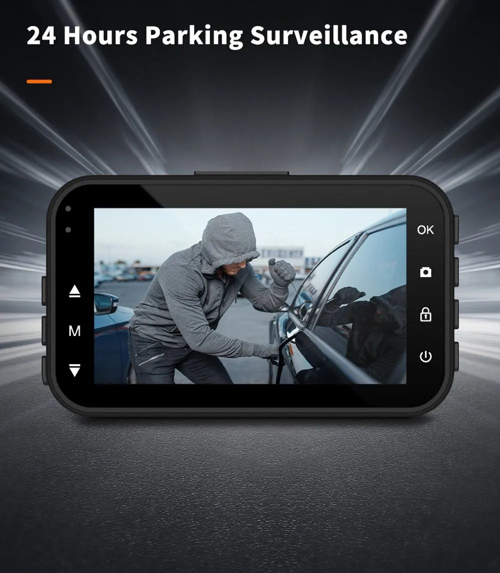 ThiEYE front and rear car dash camera system with 3-inch screen displayed next to its waterproof rear camera unit.