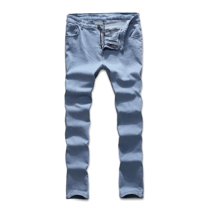Men's blue polyester denim trousers with mid-waist cut and button placket, sizes S to 3XL