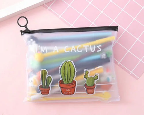 Marvel Cactus cartoon themed plastic pen case containing twenty black 0.5mm gel pens.
