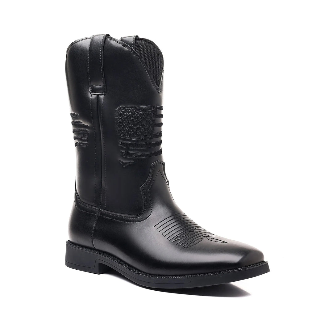 Man's brown retro cowboy boot with high embroidery, wide square toe, and high shaft on a neutral background.