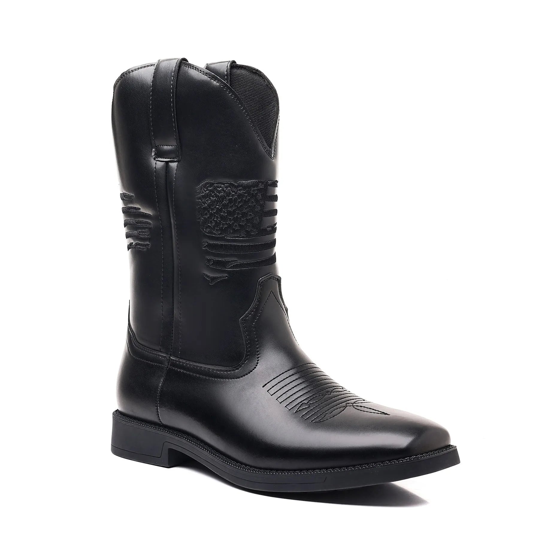 Man's brown retro cowboy boot with high embroidery, wide square toe, and high shaft on a neutral background.