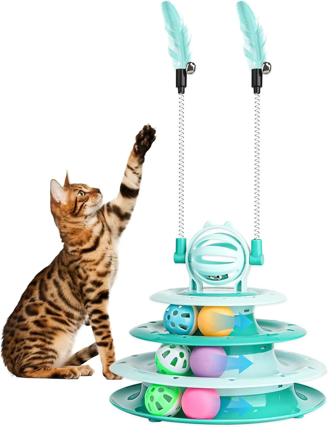 4-tier interactive cat puzzle ball toy with six coloured balls, two teasing rods, and bell on top
